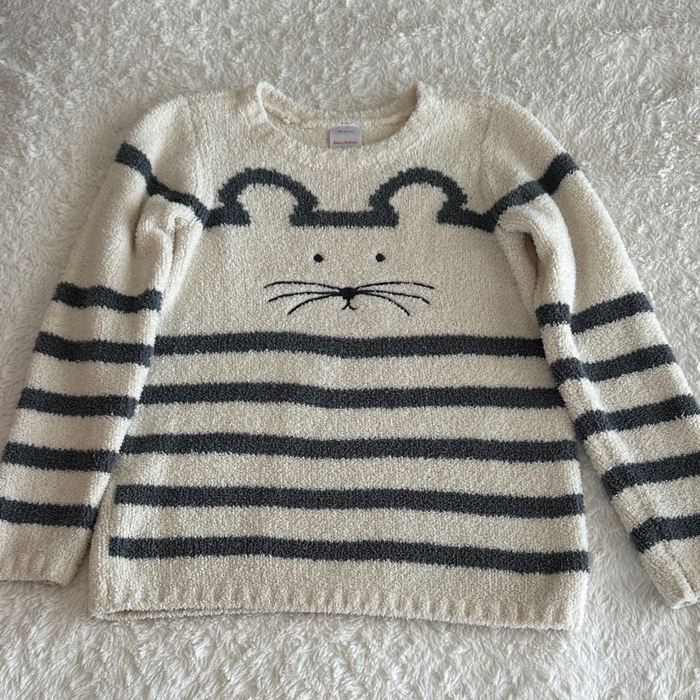 Hanna Andersson girls size 8 mouse cream gray striped marshmallow sweater